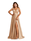 Sexy Spaghetti Straps Soft Satin A-Line Side Slit Pretty Long Bridesmaid Dresses Online