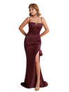 Unique Silky Satin Spaghetti Straps Mermaid Side Slit Ruched Long Bridesmaid Dresses