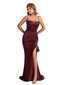Unique Silky Satin Spaghetti Straps Mermaid Side Slit Ruched Long Bridesmaid Dresses