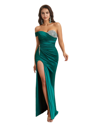 Beaded One Shoulder Mermaid Silky Satin Pretty Long Bridesmaid Dresses Side Slit