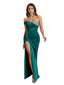 Beaded One Shoulder Mermaid Silky Satin Pretty Long Bridesmaid Dresses Side Slit