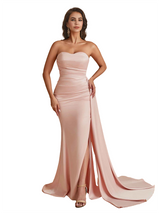 Elegant Silky Satin Sweetheart Strapless Side Split Mermaid Floor Length Bridesmaid Dresses
