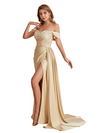 Elegant Silky Satin Off The Shoulder Lace Mermaid Side Slit Long Bridesmaid Dresses Online