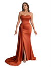 Sexy Mermaid Strapless Silky Satin Long Bridesmaid Dresses Side Slit