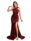 Sexy Soft Satin One Shoulder Mermaid Side Slit Pretty Long Bridesmaid Dresses