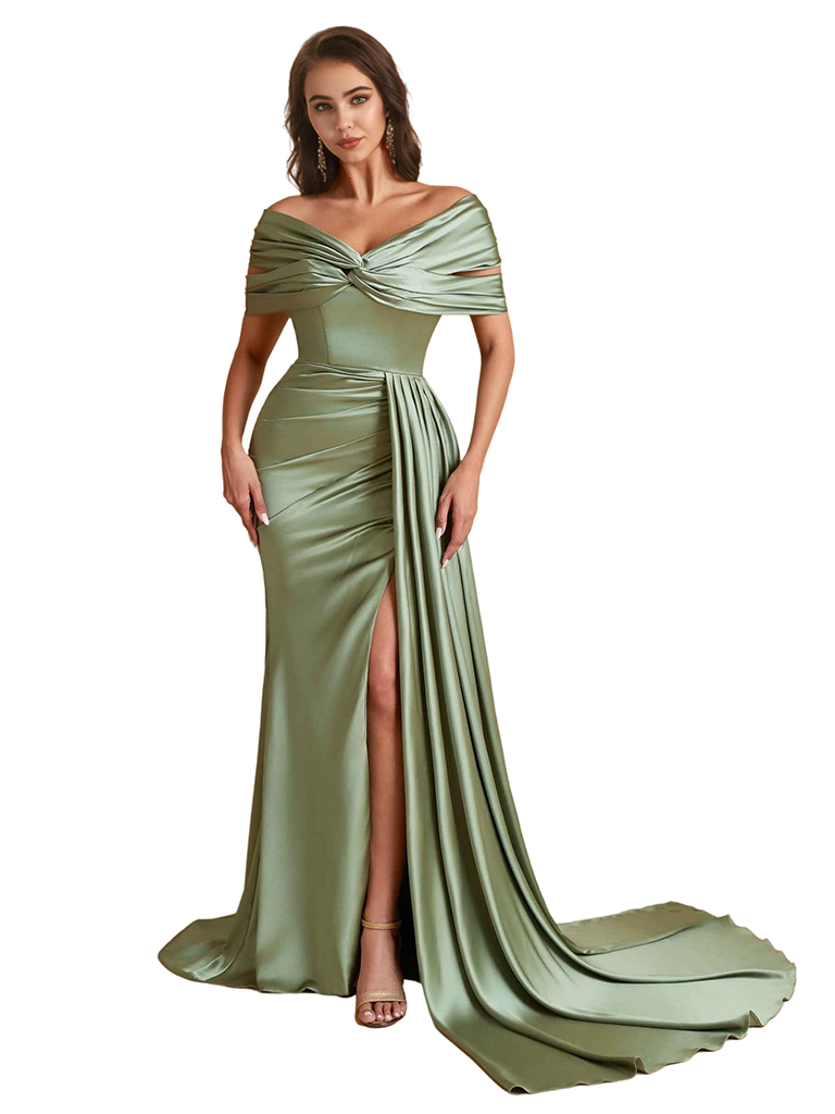 Elegant Off The Shoulder Mermaid Unique Satin Side Split Pleated Long Bridesmaid Dresses