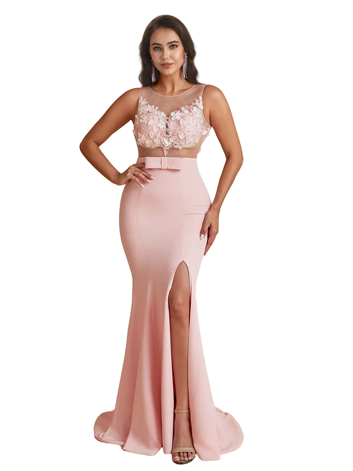Elegant Two Piece Lace Top Side Split Mermaid Satin Long Bridesmaid Dresses Online