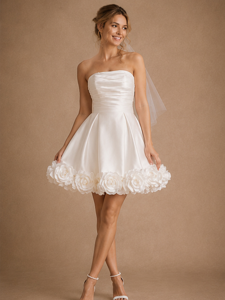 ChicSew Fancy Strapless Ruching A-Line Satin Mini-Length Wedding Dress