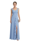 ChicSew V-Neck Cap Sleeve Lace Applique Ruched Bodice Ruffle Slit Detail Floor Length Chiffon Mom Of The Groom Dresses