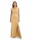 ChicSew V-Neck Cap Sleeve Ruffle Slit Detail Floor Length Stretchy Crepe Mother Of The Bride And Groom Dresses
