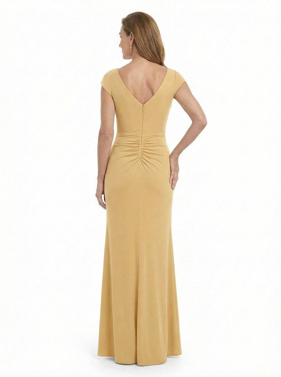 ChicSew V-Neck Cap Sleeve Ruffle Slit Detail Floor Length Stretchy Crepe Mother Of The Bride And Groom Dresses