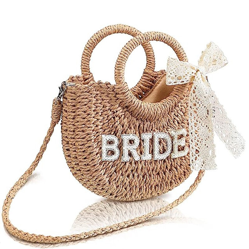 Straw Purse Handwoven Bag Rhinestone Letter Patches Bag Bachelorette Party Honeymoon Wedding Bridal Shower Bag