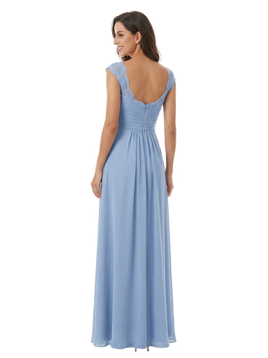 ChicSew V-Neck Cap Sleeve Lace Ruched Bodice Ruffle Slit Detail Floor Length Chiffon Mom Of The Groom Dresses