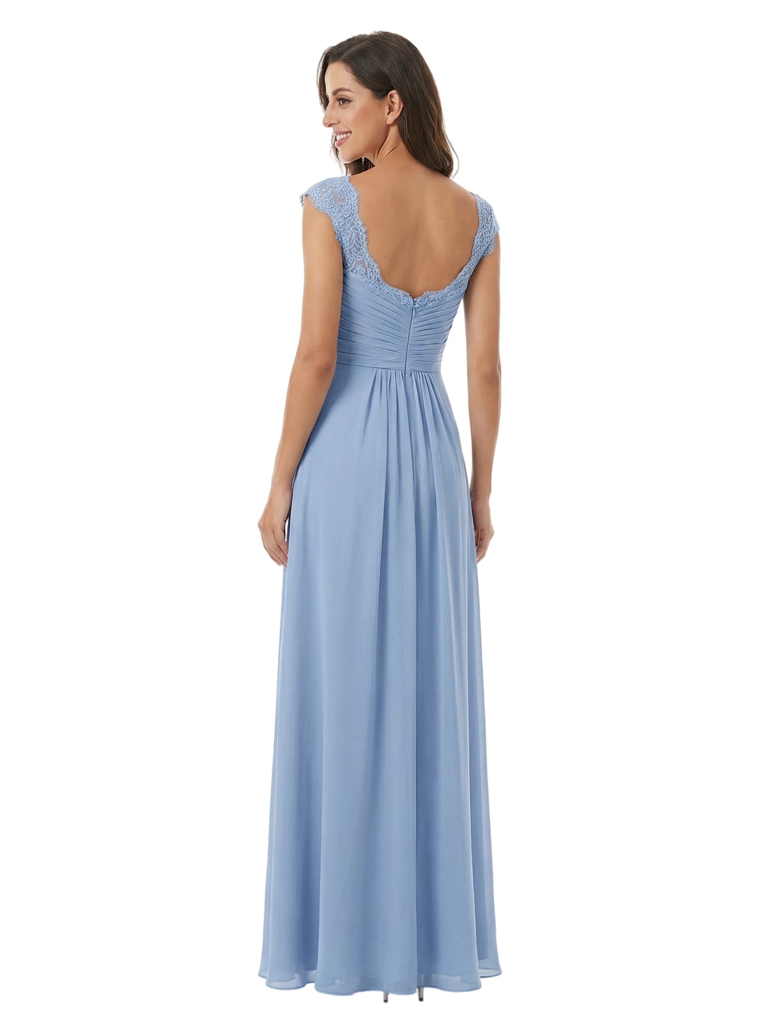 ChicSew V-Neck Cap Sleeve Lace Applique Ruched Bodice Ruffle Slit Detail Floor Length Chiffon Mom Of The Groom Dresses