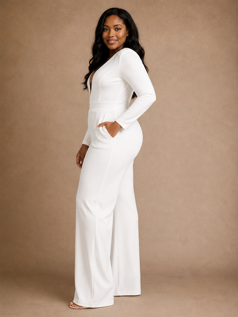 ChicSew Modern Sexy V-Neck Crepe Long Sleeves Floor-Length Wedding Jumpsuit