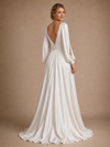 ChicSew Modern V-Neck Long Sleeves Satin A-Line Ruching Long Wedding Dress