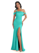 Off Shoulder Soft Satin Side Slit Mermaid Floor-Length Bridesmaid Dresses In Stock