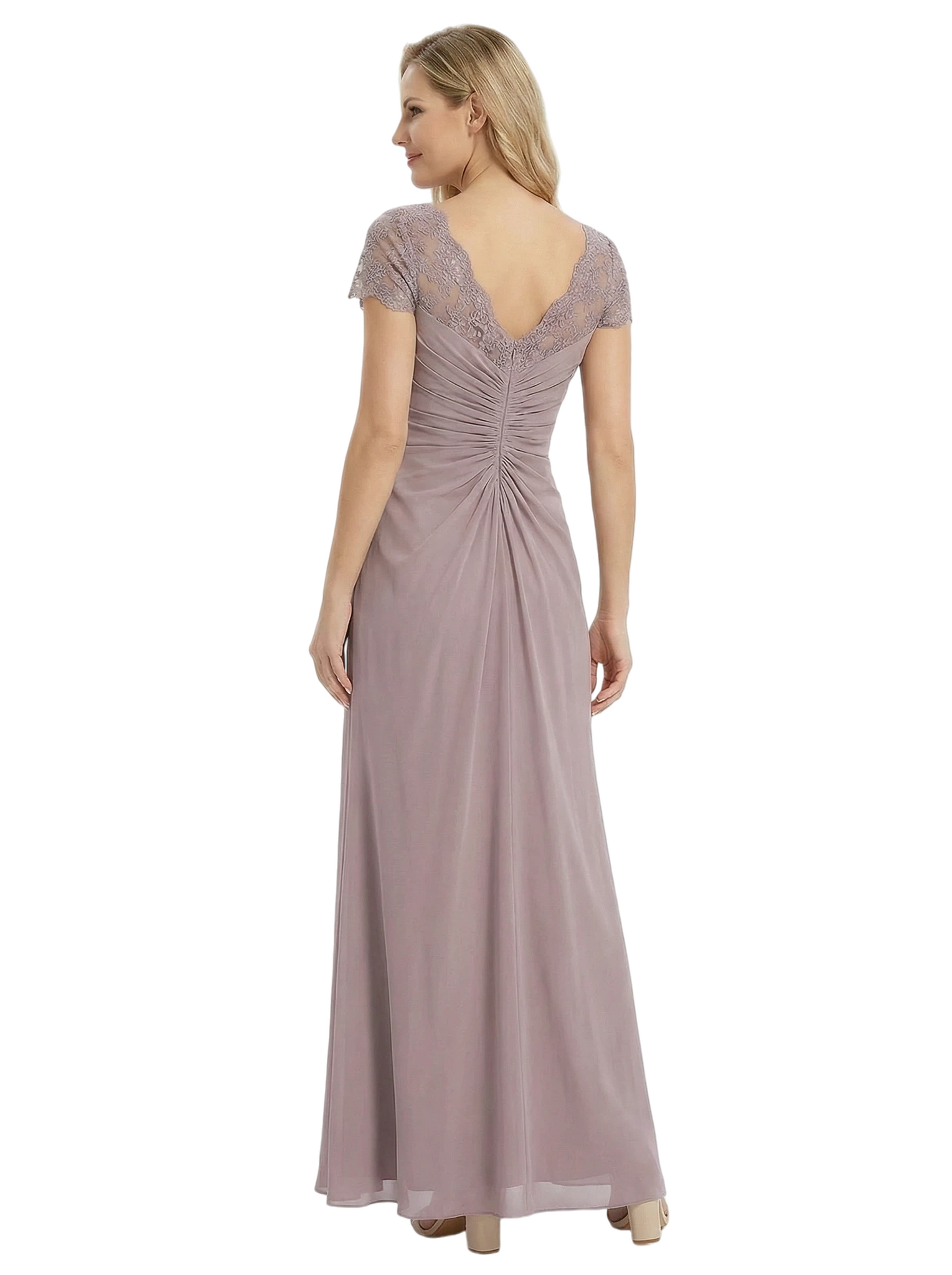 Chicsew Mother of The Groom Dresses V-Neck Short Sleeve Lace Chiffon Maxi Gown Classy Ruched Formal Bridal Party Dress