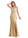 Elegant Silky Satin V-Neck Spaghetti Straps Mermaid Side Slit Long Bridesmaid Dresses Online
