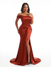 Sexy Off The Shoulder Side Slit Soft Satin Mermaid Lace Up Back Long Bridesmaid Dresses