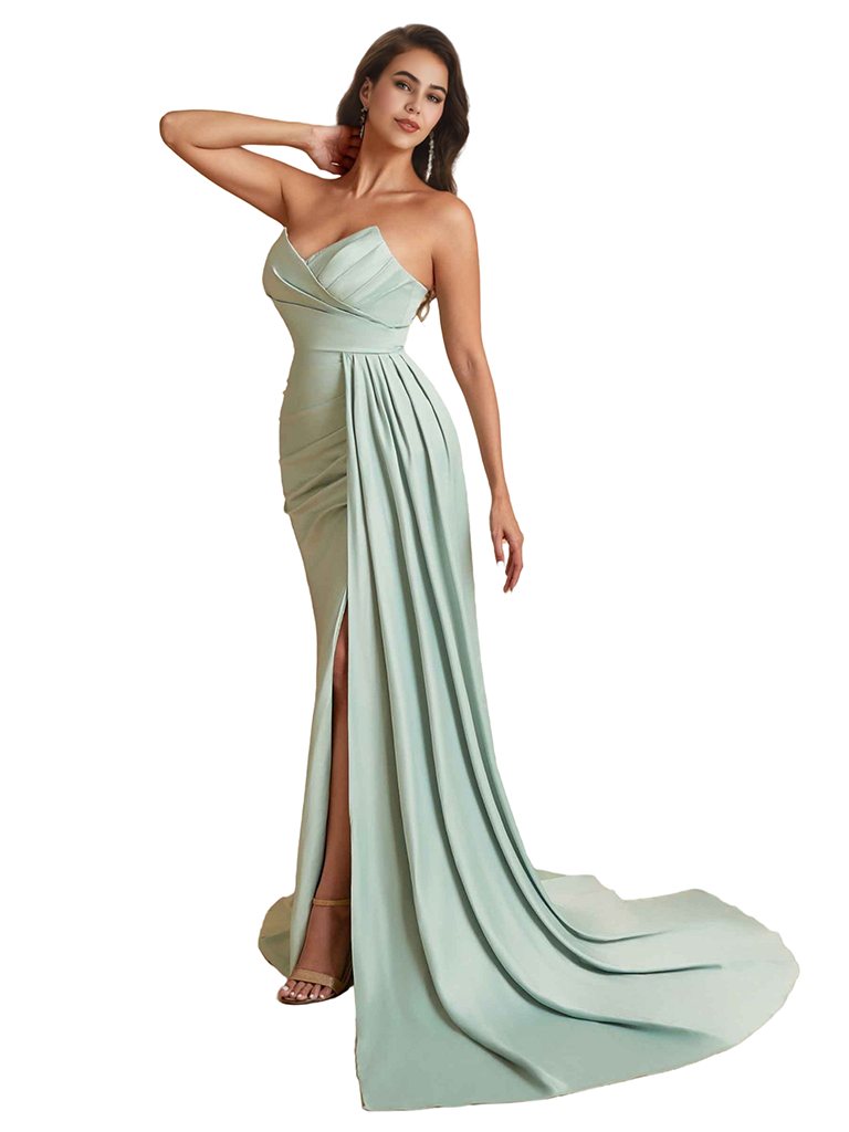 Sexy Mermaid Sweetheart Side Slit Ruched Silky Satin Unique Long Bridesmaid Dresses Online