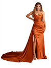 Sexy V-Neck Side Slit Strapless Mermaid Soft Satin Floor-Length Bridesmaid Dresses