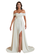 Unique Elegant Off The Shoulder Mermaid Silky Satin Long Bridesmaid Dresses Side Split