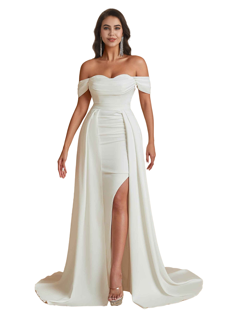 Unique Elegant Off The Shoulder Mermaid Silky Satin Long Bridesmaid Dresses Side Split