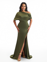 Asymmetrical One Shoulder Mermaid Stretch Satin Maxi Bridesmaid Dresses