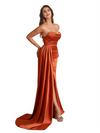 Sexy Mermaid Strapless Silky Satin Long Bridesmaid Dresses Side Slit