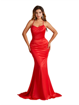 Sexy Spaghetti Straps Criss Cross Mermaid Soft Satin Long Bridesmaid Dresses