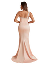 Sexy One Shoulder Mermaid Silky Satin Beaded Long Bridesmaid Dresses Side Slit