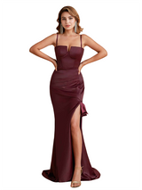 Unique Silky Satin Spaghetti Straps Mermaid Side Slit Ruched Long Bridesmaid Dresses