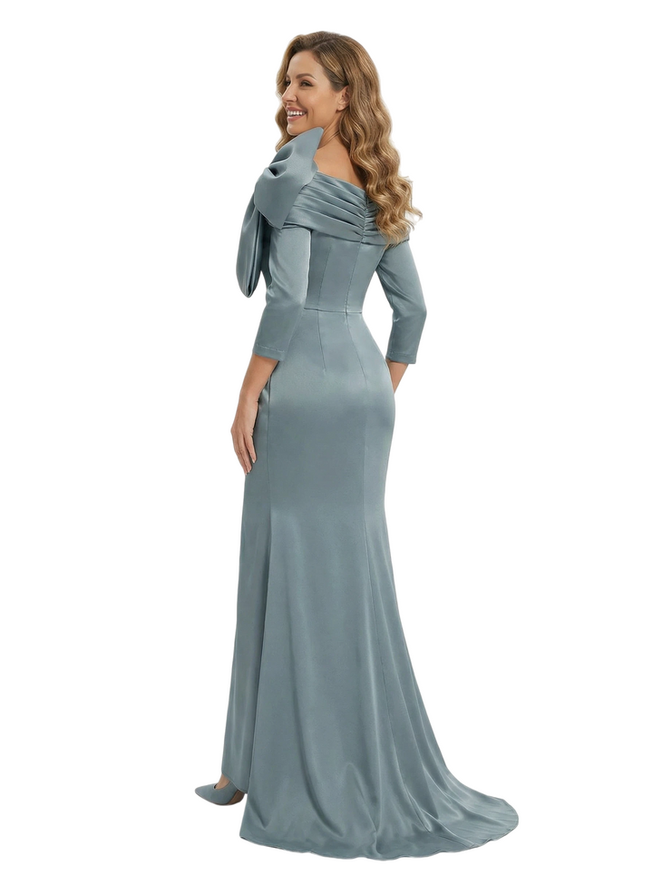 Chicsew Mother of The Bride Dresses Asymmetrical 3/4 Sleeve Satin Mermaid Train Gown Unique Bow Detailed Formal Wedding Event Attire