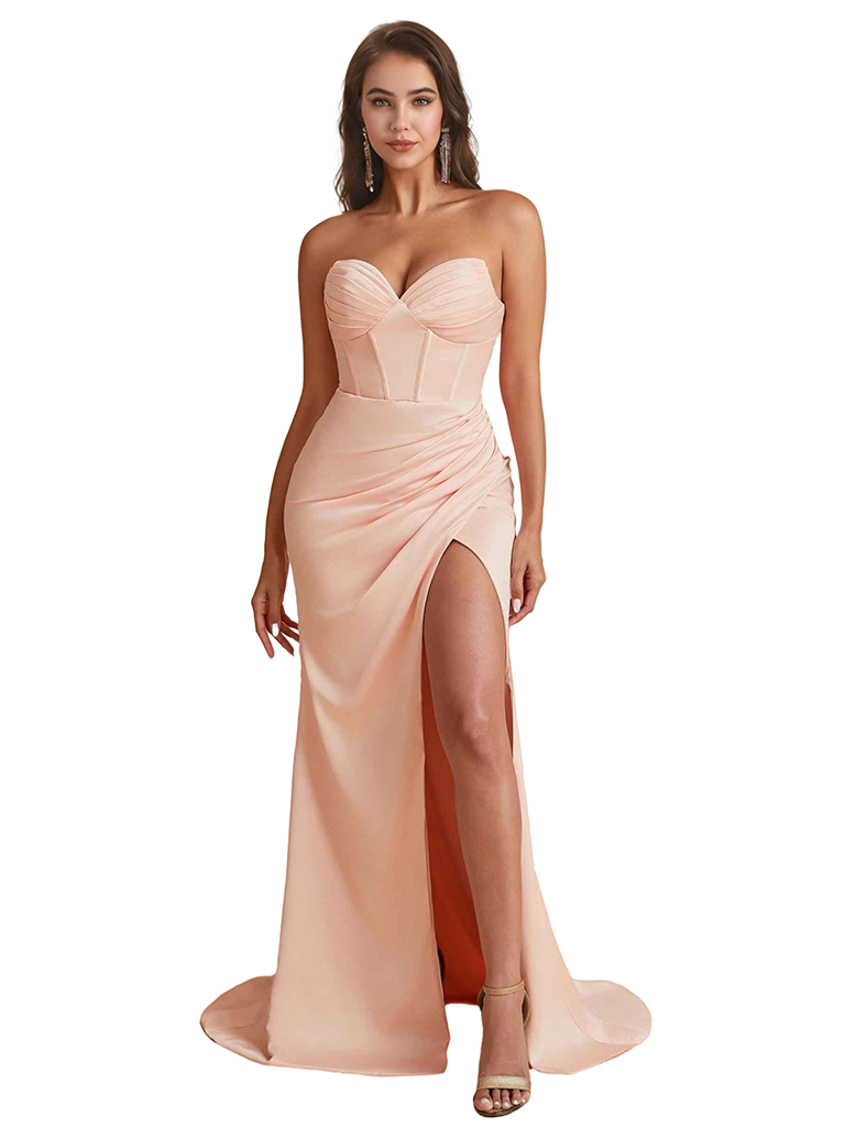 Elegant Silky Satin Sweetheart Strapless Mermaid Floor Length Bridesmaid Dresses Side Split