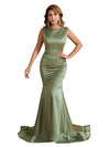 Elegant Silky Satin Bateau Simple Mermaid Pretty Long Bridesmaid Dresses