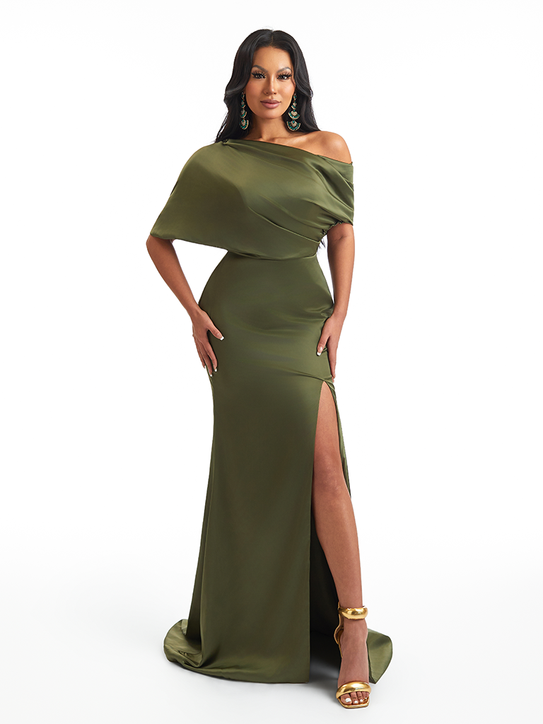 Asymmetrical One Shoulder Mermaid Stretch Satin Maxi Bridesmaid Dresses