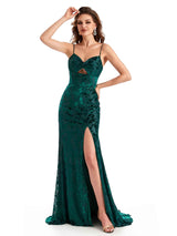 Sexy Spaghetti Straps Side Slit Mermaid Floral Velvet Long Modern Bridesmaid Dresses