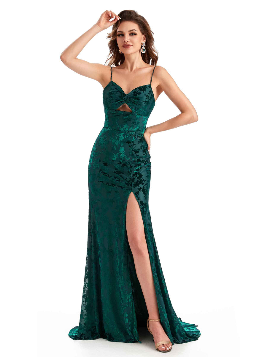 Sexy Spaghetti Straps Side Slit Mermaid Floral Velvet Long Modern Bridesmaid Dresses