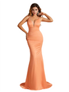 Simple V-Neck Spaghetti Straps Open Back Mermaid Soft Satin Long Bridesmaid Dresses