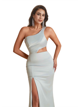 Unique One Shoulder Side Split Mermaid Silky Satin Long Bridesmaid Dresses Online