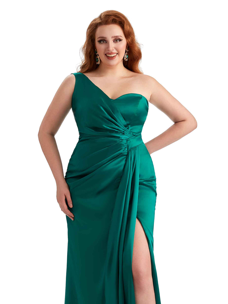 Plus Size Sexy One Shoulder Side Slit Mermaid Satin Long Bridesmaid Dress For Wedding