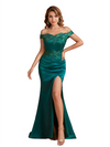 Sexy Silky Satin Lace Off The Shoulder Mermaid Side Slit Long Bridesmaid Dresses Online