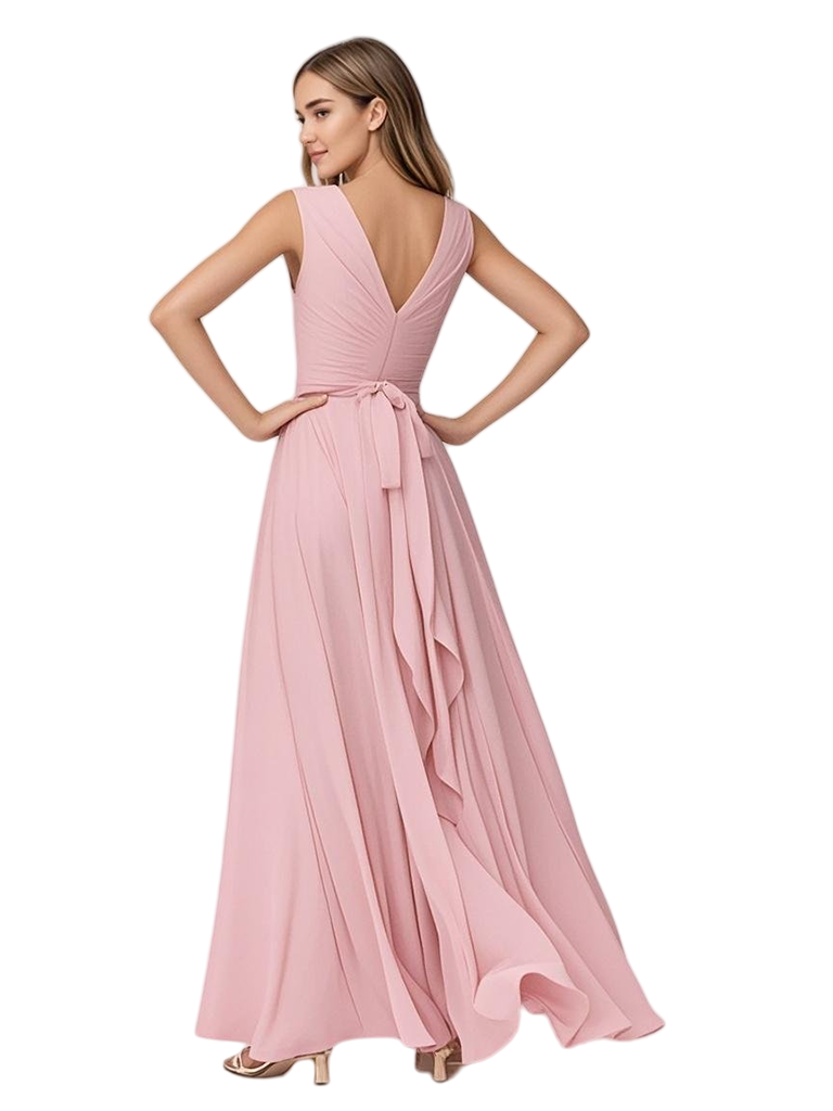 Spaghetti Straps V-Neck A-line Chiffon Long Bridesmaid Dresses