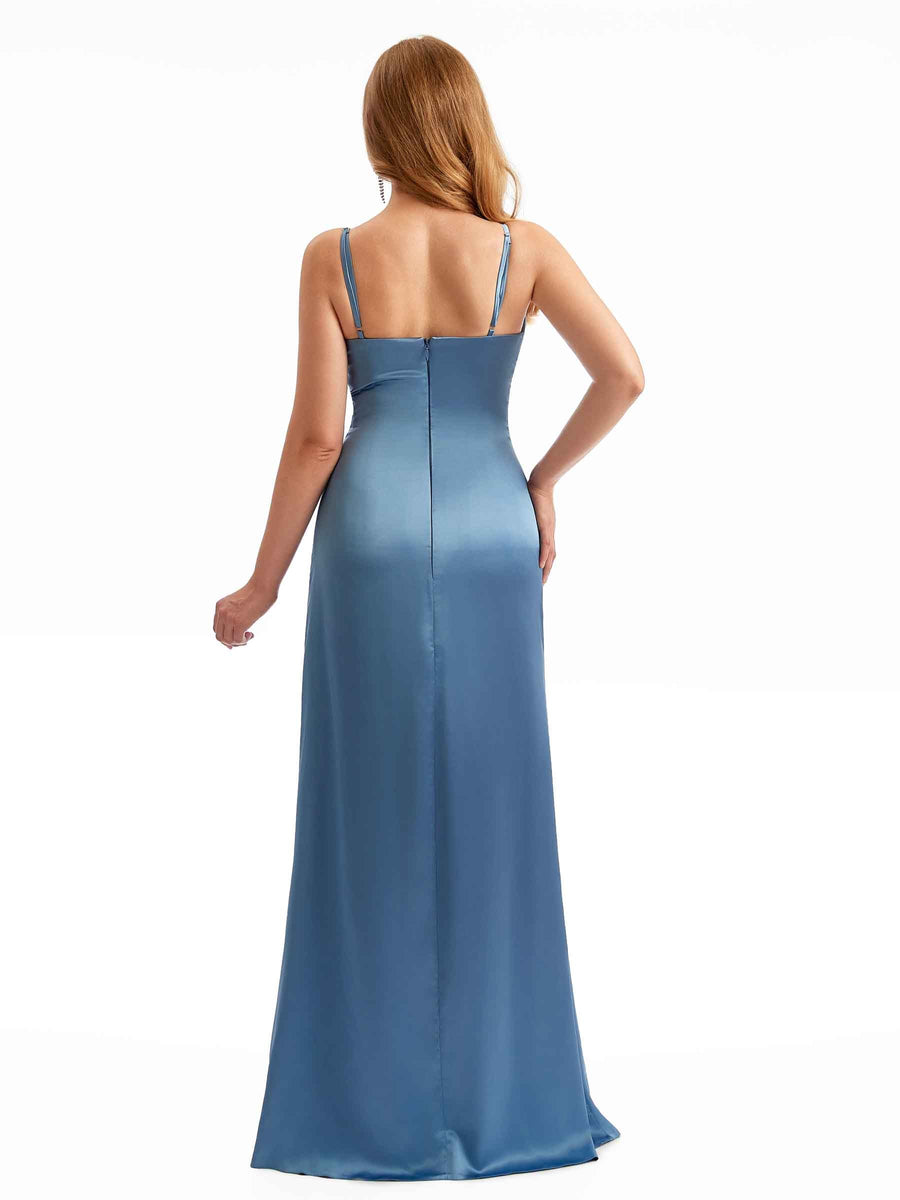 Simple Side Slit Boho Satin Spaghetti Straps Bridesmaid Dresses