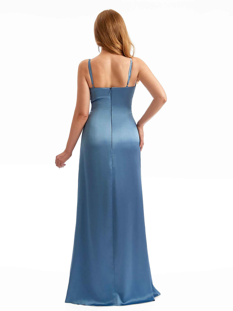 Sexy Side Slit Spaghetti Strap Mermaid Simple Satin Dresses For Bridesmaids