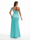 Sexy One Shoulder Mermaid Silky Satin Good Long Formal Dresses Side Slit
