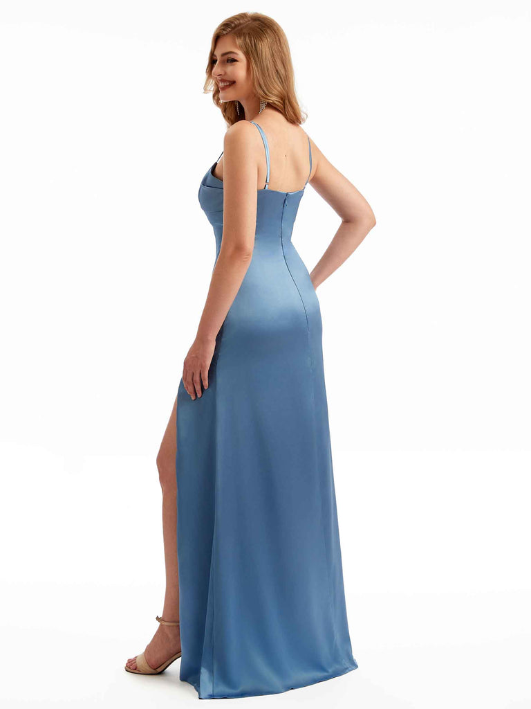 Sexy Side Slit Spaghetti Strap Mermaid Simple Satin Dresses For Bridesmaids