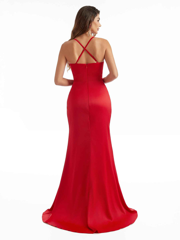 Sexy Side Split Mermaid Chic Criss Cross Spaghetti Straps Satin Wedding Guest Dresses