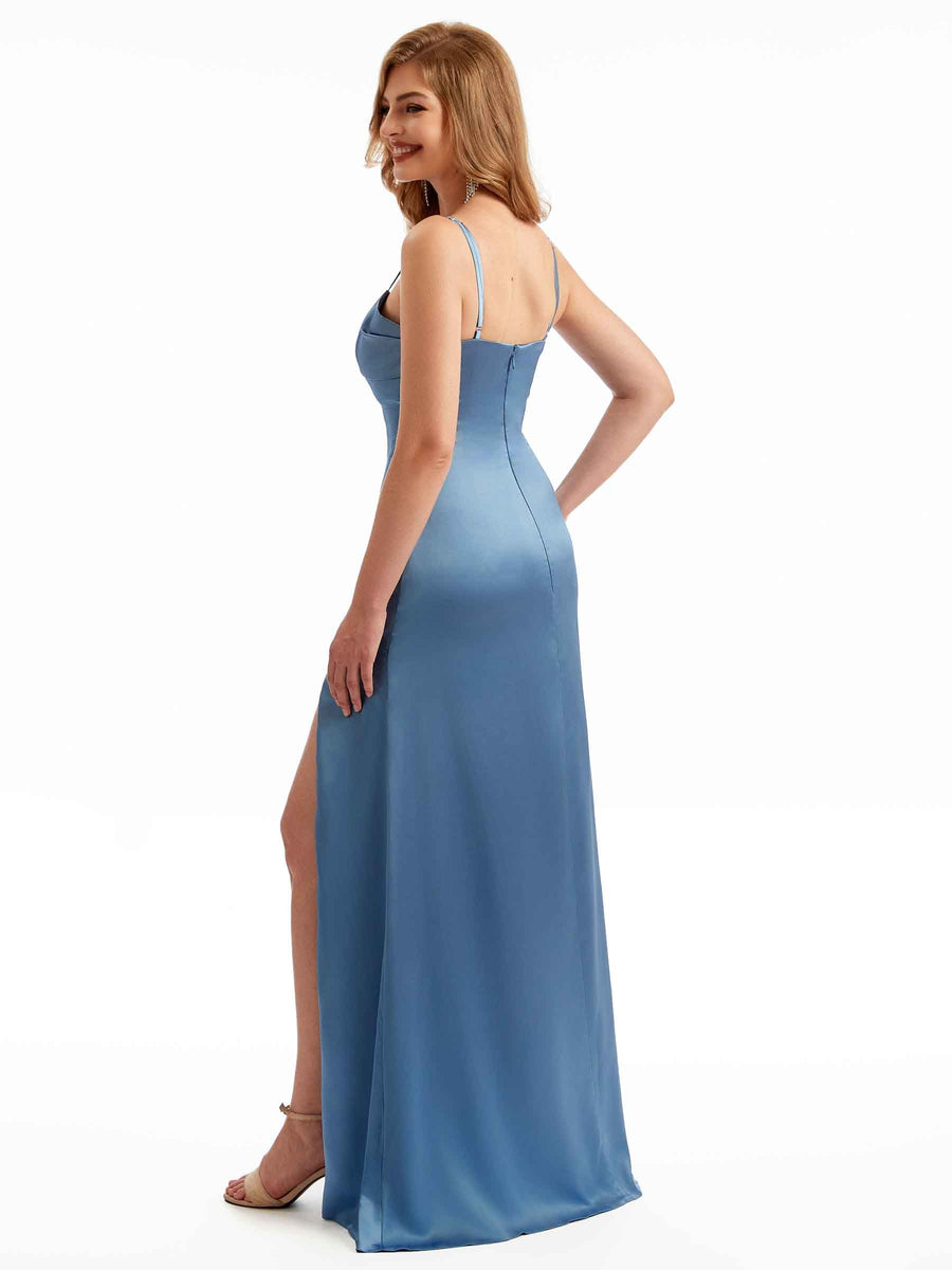 Simple Side Slit Boho Satin Spaghetti Straps Bridesmaid Dresses
